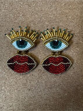 Beaded Eye and Red Lips Statement Earrings - Gold and Teal Accents